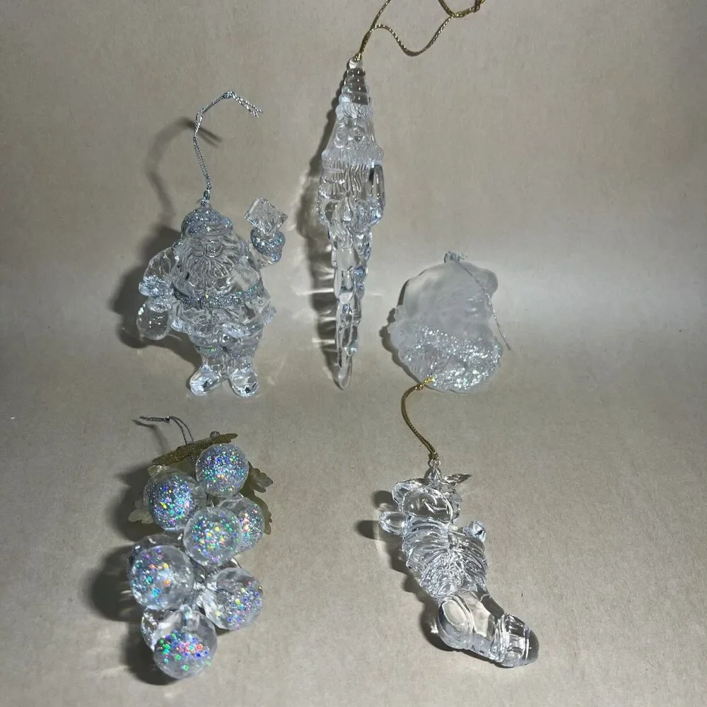 Set of 5 Acrylic Iridescent Glitter Christmas Tree Ornaments Santa, Bear, Grapes